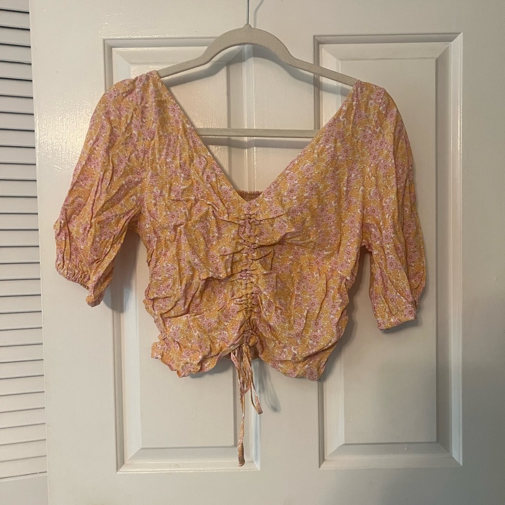 H&M Pink Puff Sleeve Ruched Top